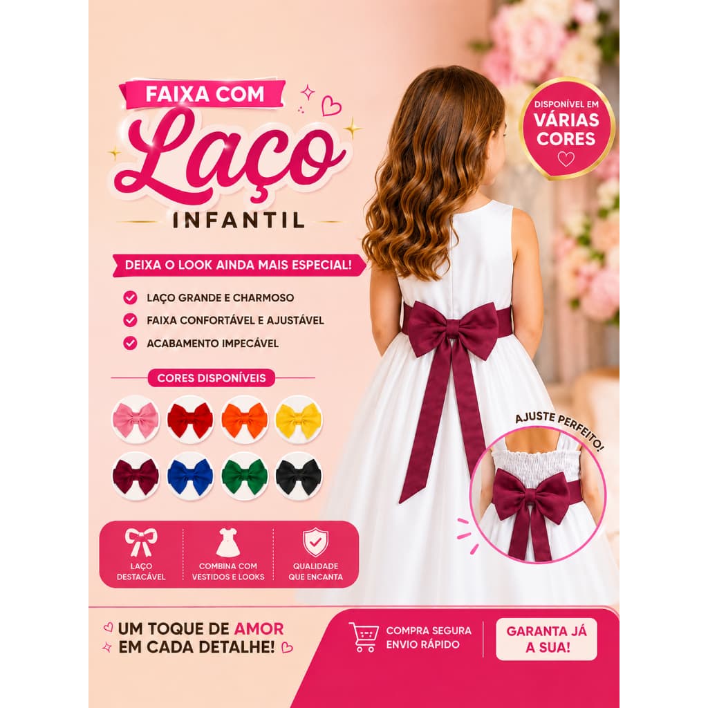 Faixa com Laço Infantil Grande para Vestido Festa Casamento Aniversário Daminha Varias Cores