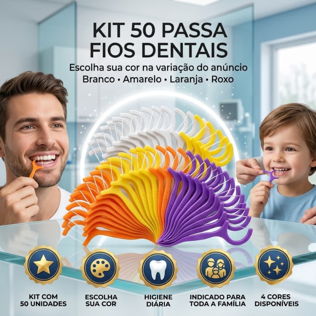 Kit 50 Passa Fio Dental Higiene Bucal Limpeza Dos Dentes Adulto Infantil Escolha Sua Cor