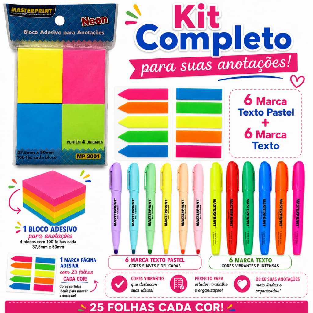 Kit Completo para Anotações – Marca Texto Neon + Pastel Masterprint