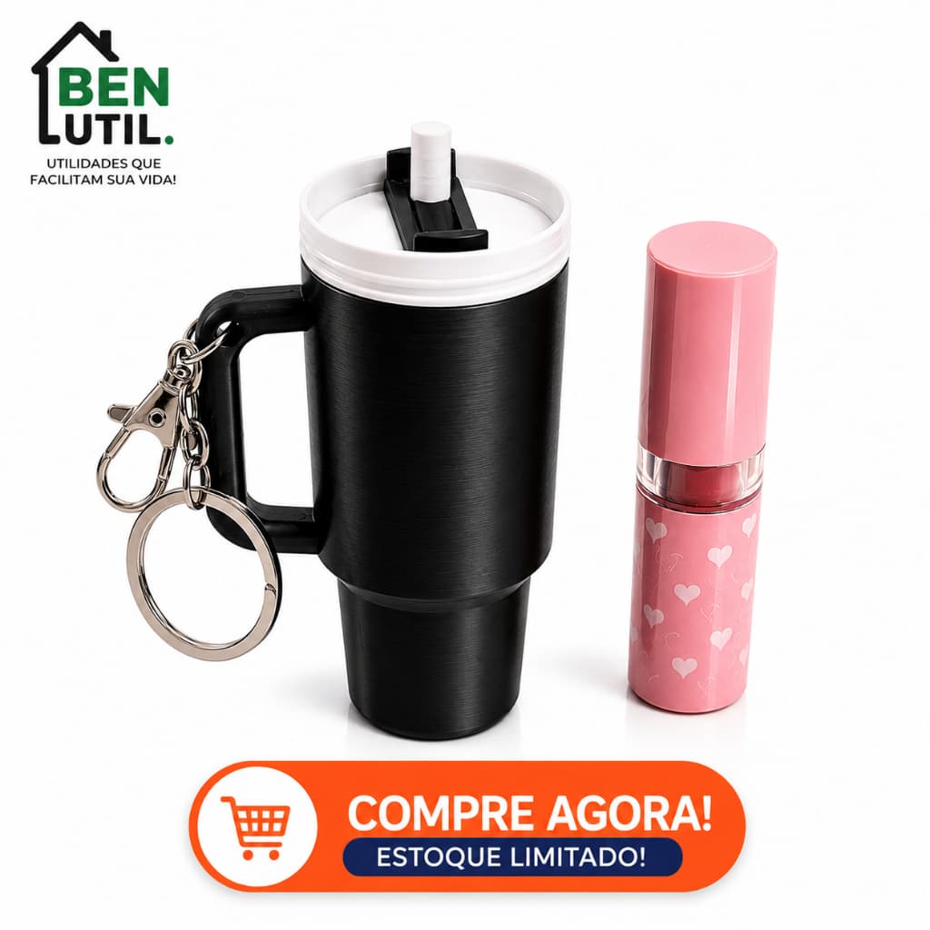 Mini Copo Chaveiro Porta Objetos com Compartimento Porta Batom, Dinheiro e Remédios Organizador Portátil Preto e Azul