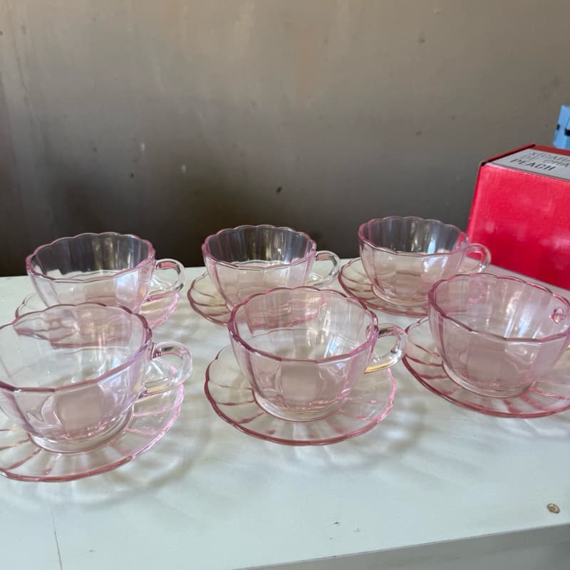 Jogo de xícara rosa para chá com 12 peças 6 xícaras 6 pires conjunto kit xícaras flor peach de vidro caneca pink café
