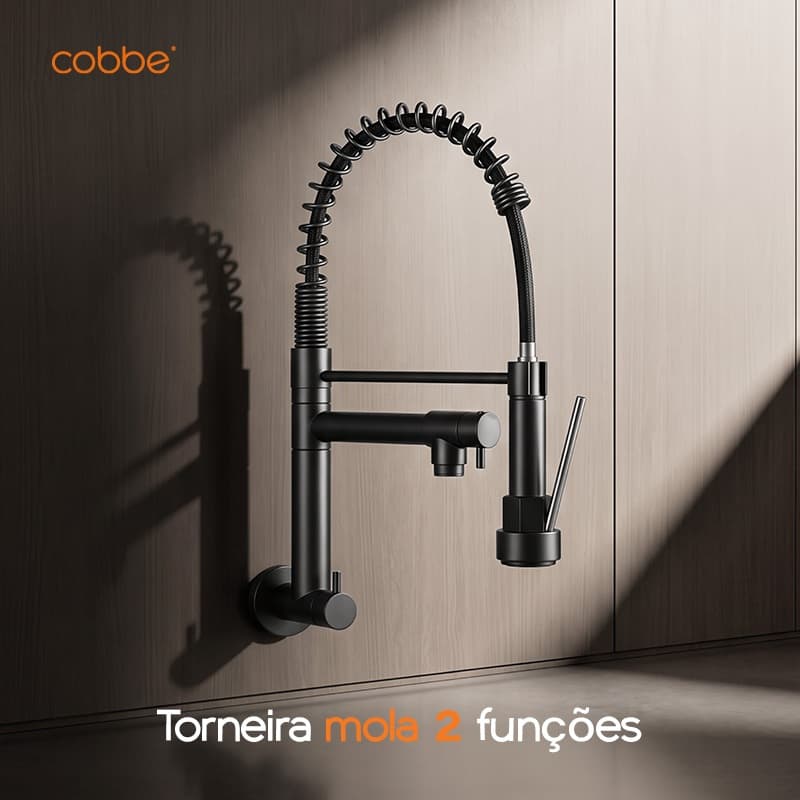 Torneira Inox 304 Gourmet 2 Funções Água Fria de Parede para Pia de Cozinha Mola Flexível 360° Heemli