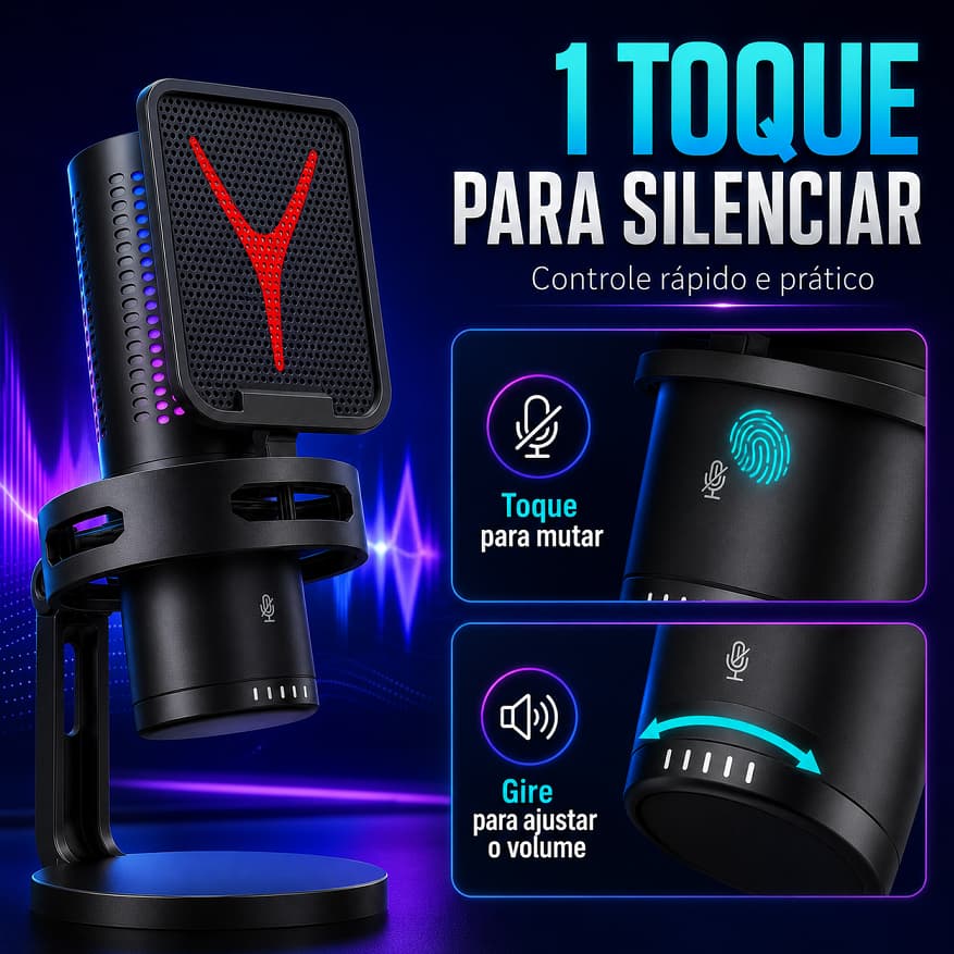 Microfone Gamer USB RGB Condensador Cardioide com Redução de Ruído, Mute Touch e Controle de Volume para PC PS4 PS5 Mac