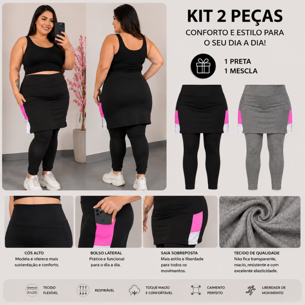 Kit 2 Peças Calça Saia legging com bolso academia leg com saia fitness Evangélica Com Bolso