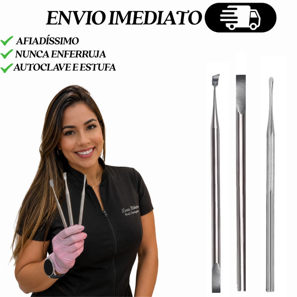 Kit Manicure 3 Peças Inox Cutícula Espátula Palito Raspador Desencravador