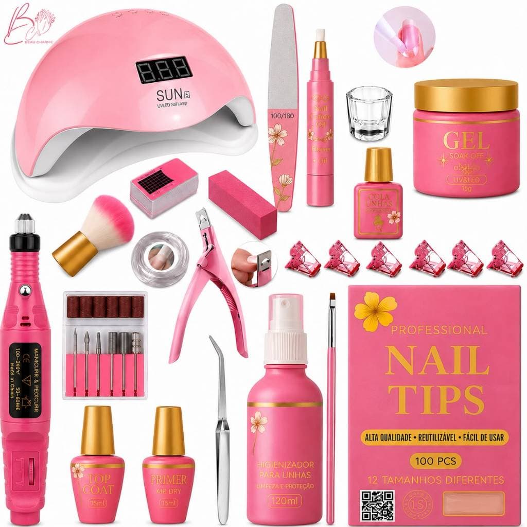 Kit Manicure Alongamento de Unhas em Gel Completo Cabine Lixadeira Caneta Elétrica Iniciante