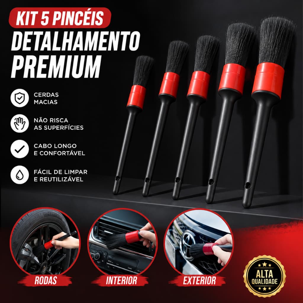 Kit 5 Pinceis Detalhamento Lavar Carro Moto Automotivo Escova