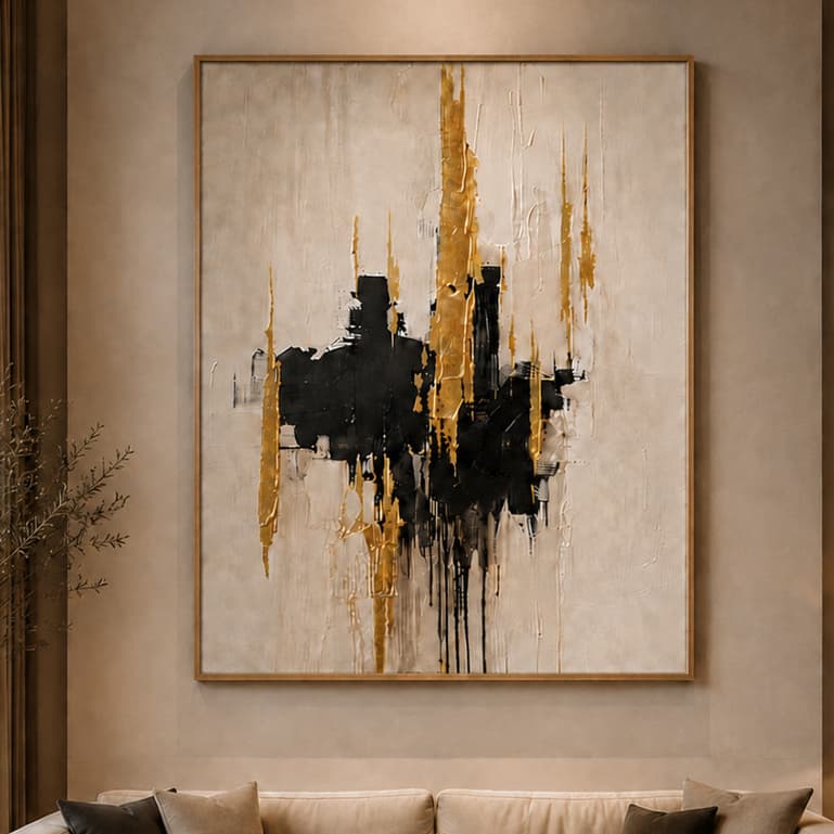 Quadro Decorativo Abstrato Dourado para Sala de Estar com Vidro 90x60 e Moldura Premium Luxo Quarto