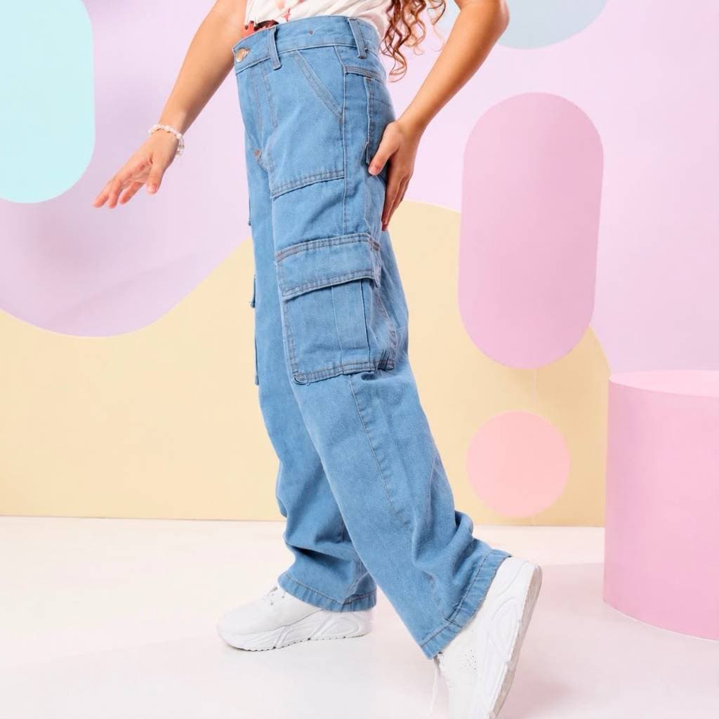 Calça Jeans Wide Leg Cargo Infantil Juvenil Menina Bolsos