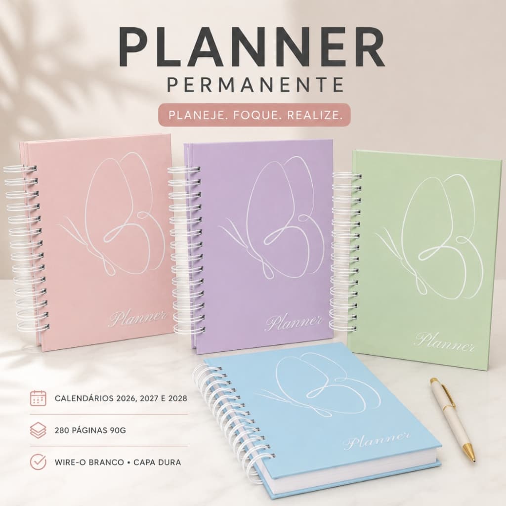 Planner Permanente Minimalista A5 280 Páginas 90g Capa Dura Wire-o Calendários 2026, 2027 e 2028
