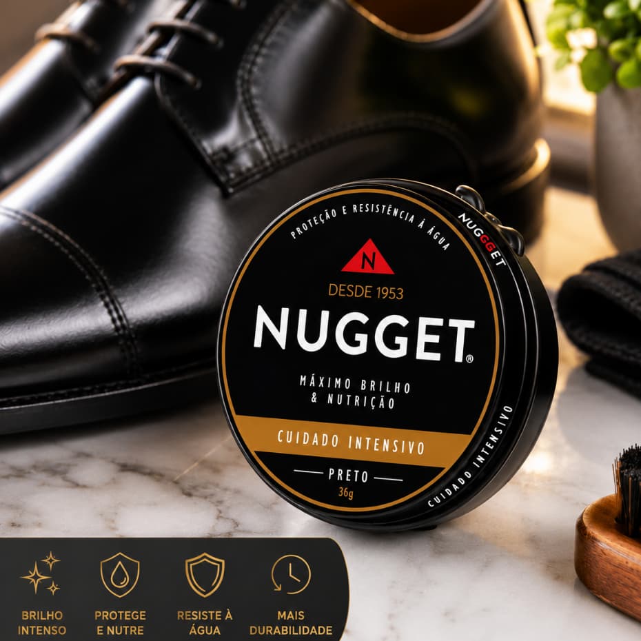 Nugget Cera em Pasta Preta para Sapatos de Couro 36g Brilho Intenso Hidratação Proteção