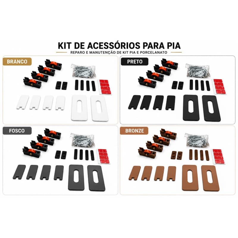 Kit reparo pia porcelanato, acessórios manutenção, reposição completa, branco, preto, fosco e bronze.