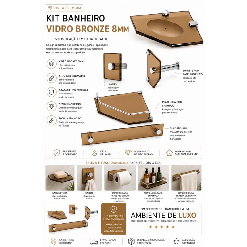 Kit Banheiro Exclusivo Vidro Bronze 8mm, porta toalha, saboneteira, cabide e porta shampoo, alumínio cromado luxo.