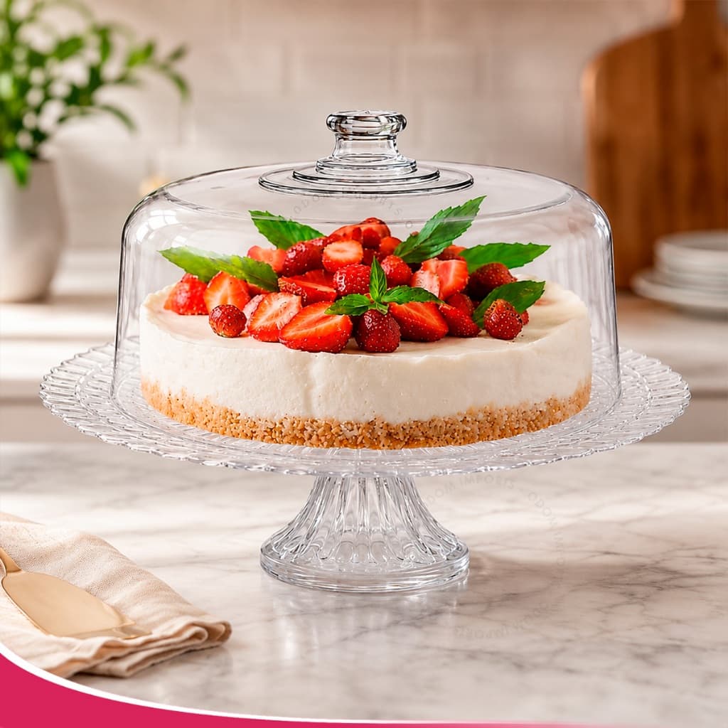 Boleira de Vidro Tampa Acrílica c Pé Diamond Viena Premium Suporte para Bolo Tortas Sobremesas Prato