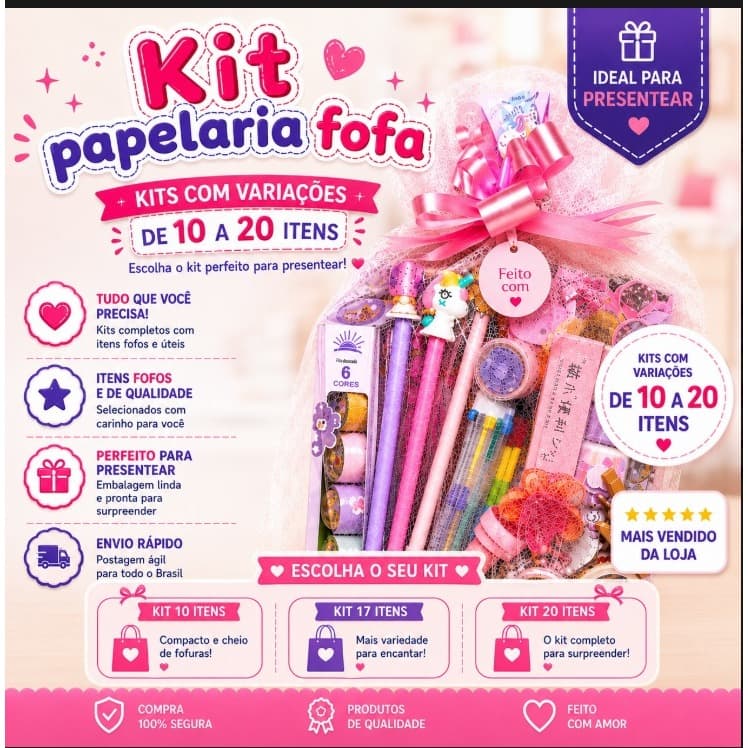 Kit Papelaria fofa Kawaii Presente Canetas Fofas  Material Escolar  Caderno fofo  Marca texto  Post it de 10 a 20 itens