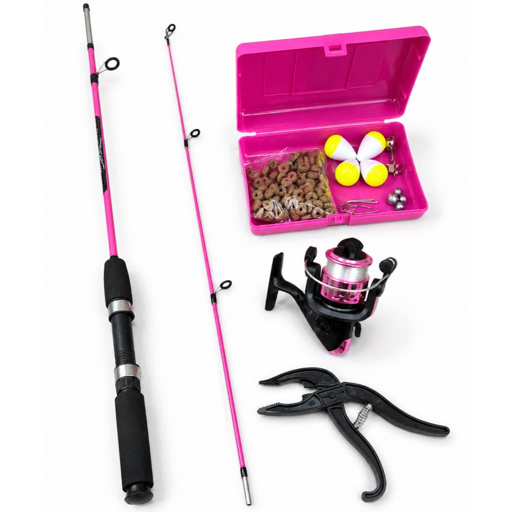 Kit Pesca ROSA vara para Molinete 1,35 mts Molinete Com Linha estojo acessórios boias anzóis chumbadas iscas alicate