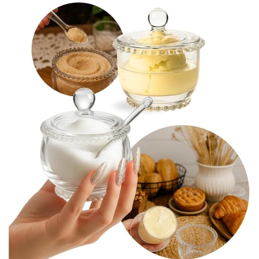 Kit Manteigueira e Açucareiro Cristal Pearl Bolinha Wolff Porta Manteiga Açúcar Mesa Posta Café Da Manhã Luxo