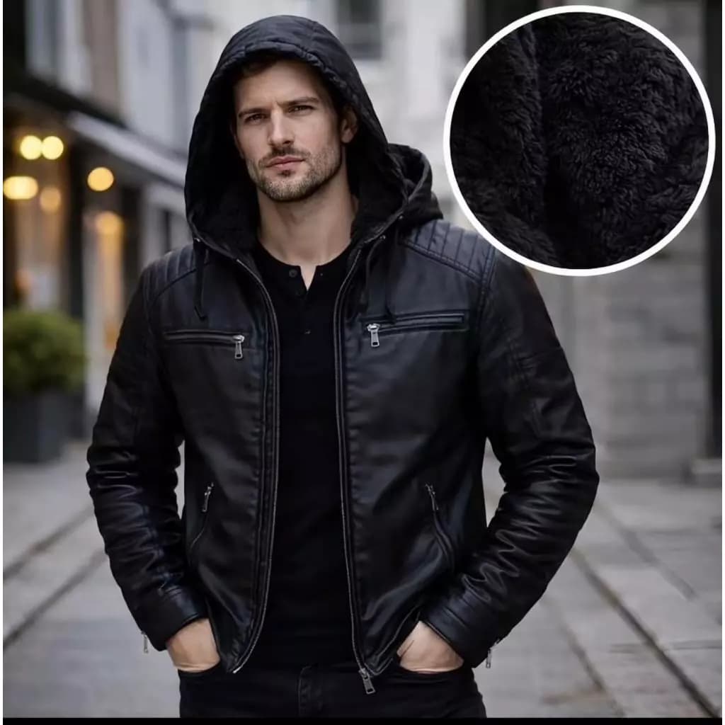 JAQUETA DE COURO MASCULINA COM CAPUZ REMOVIVEL FORRADA E PELUCIDA POR DENTRO INVERNO/FRIO