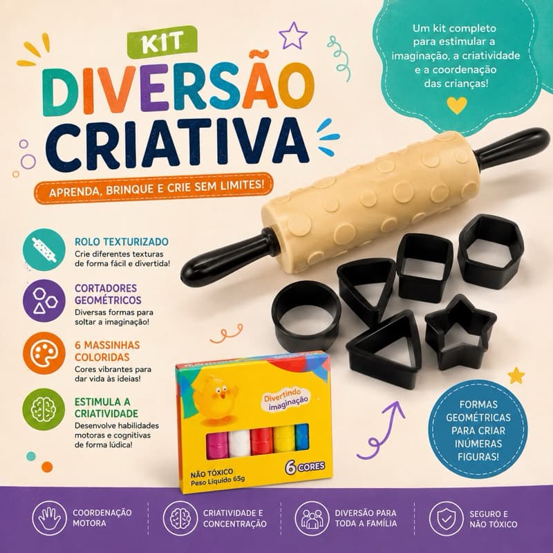 Kit Massinha Infantil com Rolo Texturizado + Cortadores | Brinquedo Educativo Criativo | 6 Cores