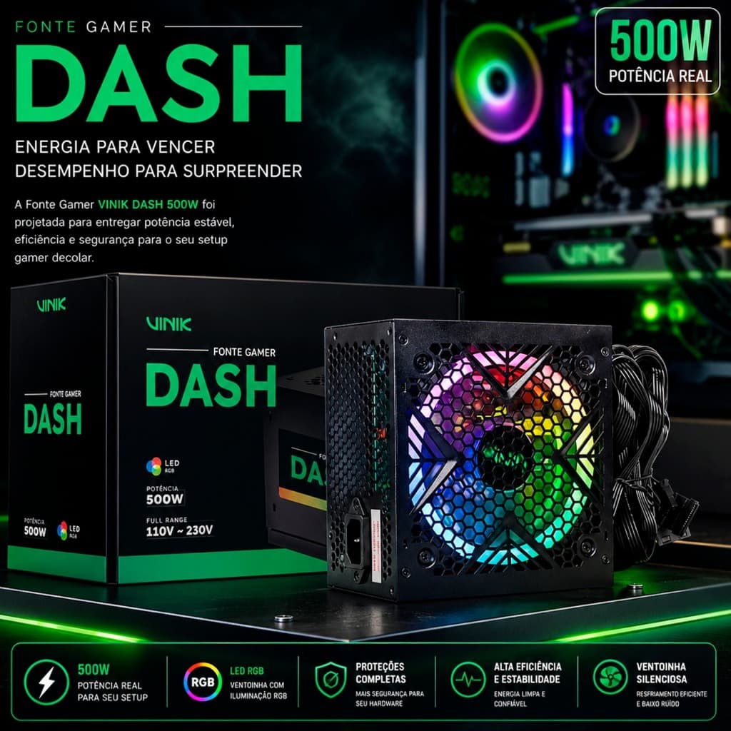 FONTE 500W GAMER COM LED RGB VINIK MODELO DASH BLACK