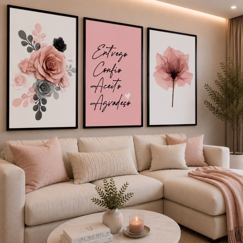 Quadro Decorativo 3 Peças Motivacional Entrega Espera Confia Agradeça Quarto Sala