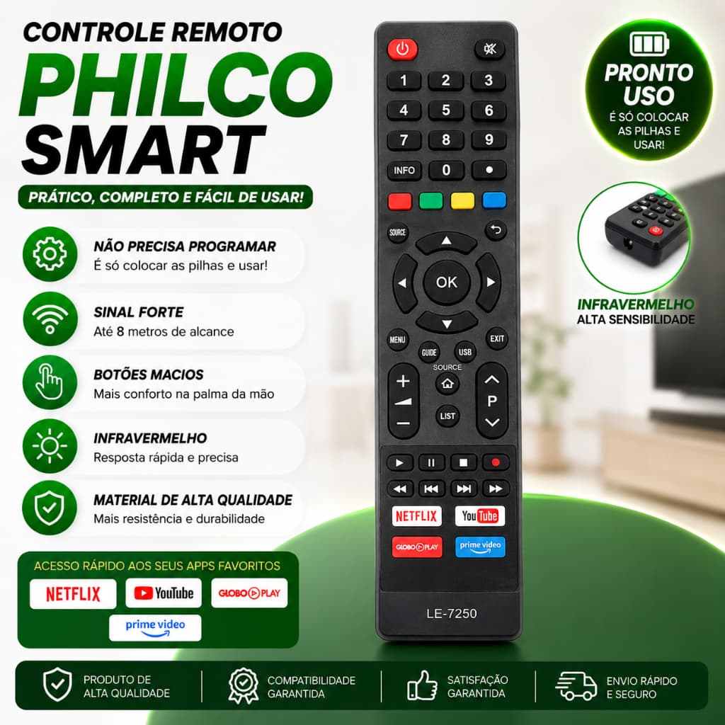 Controle Remoto Compatível TV Philco Britânia Smart Netflix YouTube Prime Video Globoplay