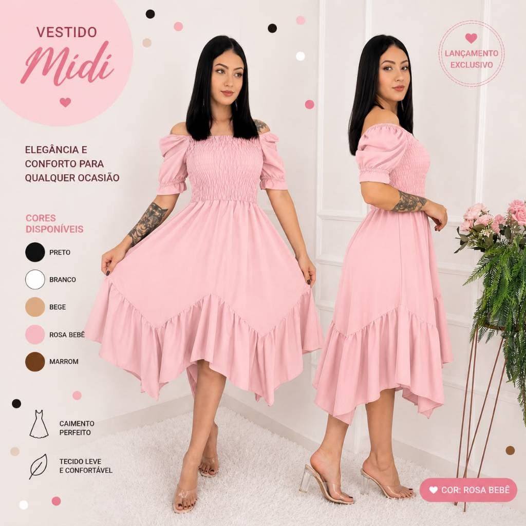 Vestido Midi Feminino Ombro a Ombro Ciganinha Manga Bufante Elegante Casual Evangélico