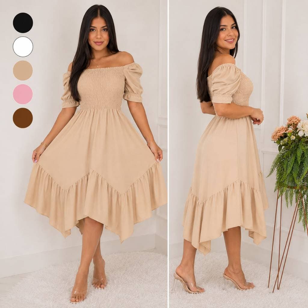 Vestido Midi Feminino Evangélico Ombro a Ombro Cintura com Lastex Casual