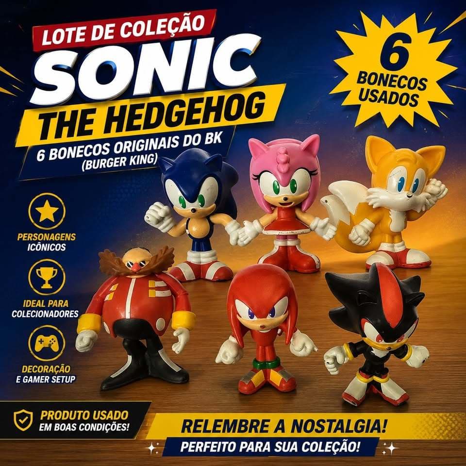 ⚡ Lote de Coleção Sonic, The Hedgehog — 6 Bonecos (Usados) brinquedos oriundos do BK (Burger King)