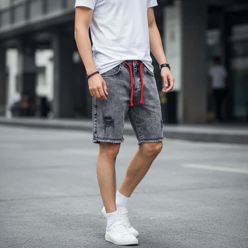 NO3，O.X Jeans Cinza Bermudas Masculinas Shorts Jeans Rasgados Masculinos Shorts Jeans Com Cordão