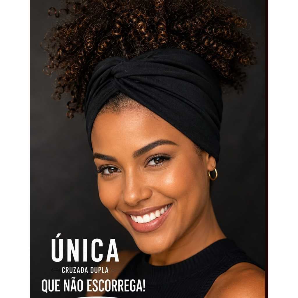 Faixa de Cabelo Cruzada Feminina Viscolycra Turbante Antideslizante Confortável Preta para trancista