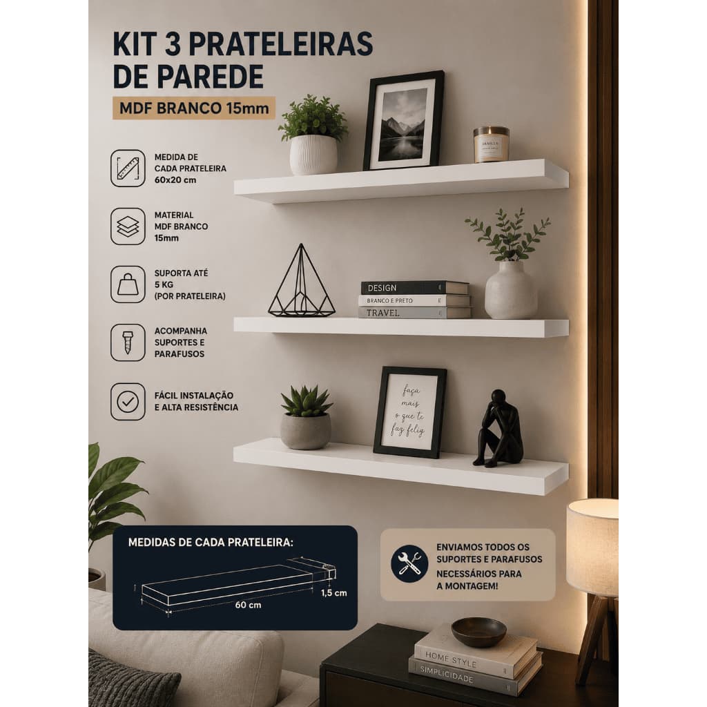 Kit com 3 Prateleiras de Parede 60x20 cm em MDF Branco