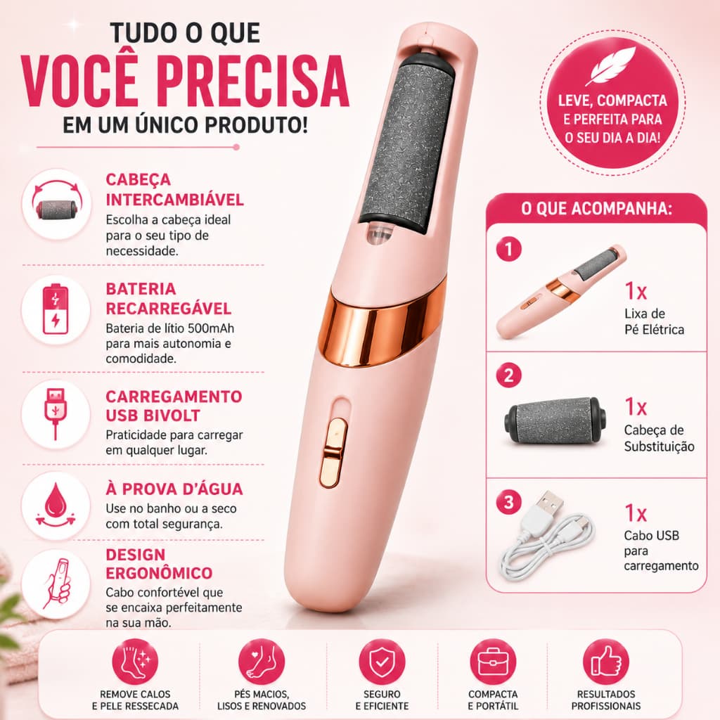 Lixa de Pé Elétrica Recarregável USB Removedor de Calos Pedicure Profissional À Prova D'Água