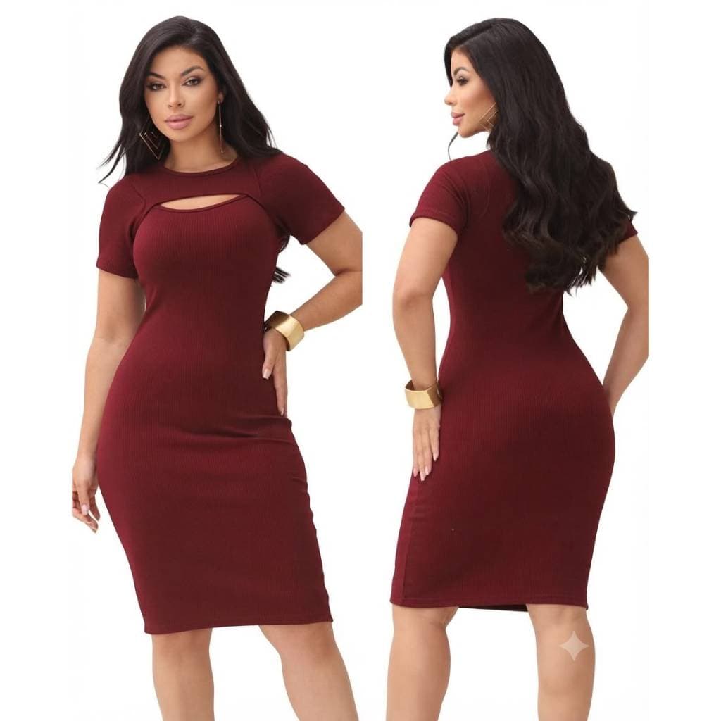 Vestido Feminino Midi Justo Com Decote Vazado Manga Curta Canelado Tecido Canelado Casual P M G GG