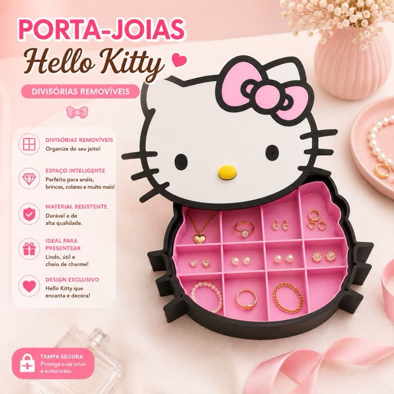 Porta-Joias Hello Kitty com Divisórias Removíveis | Organizador de Bijuterias, Anéis, Brincos e Porta-Treco