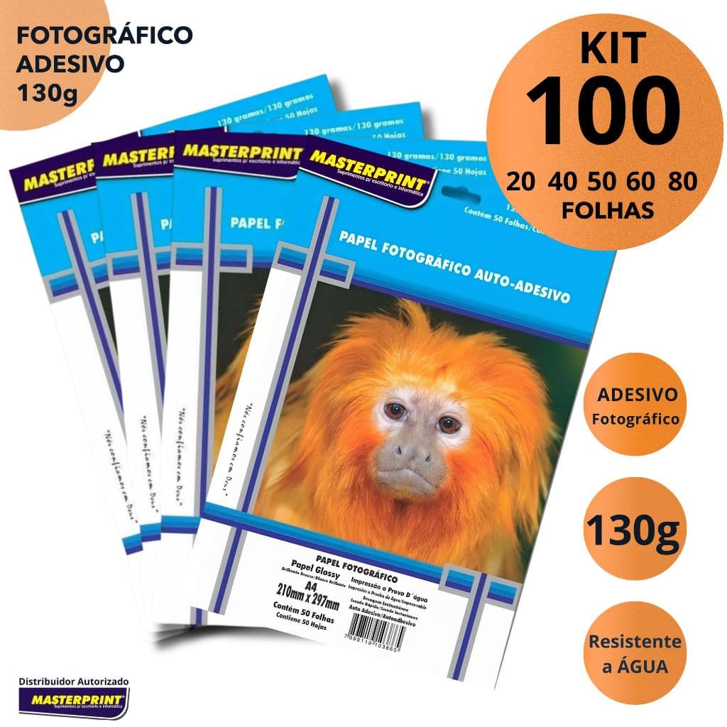 Papel Fotográfico Glossy A4 Adesivo Masterprint 130g Kit Branco Brilhante Resistente a Água