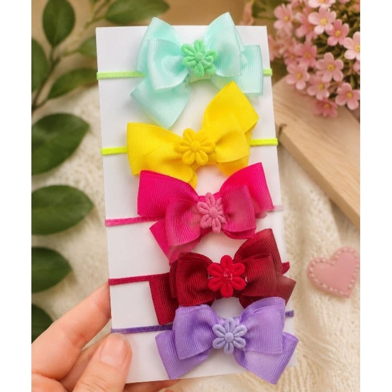 Kit 5 xuxinhas de Bebê com Lacinho de Gorgurão e Florzinha | Xuxinha Elástica Infantil Colorida