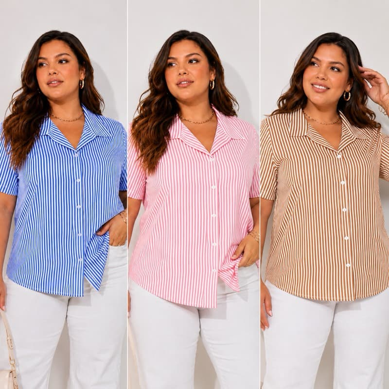 Camisa Listrada Feminina Plus Size Social Crepinho Macio Não Amassa G1 G2  Trabalho Elegante