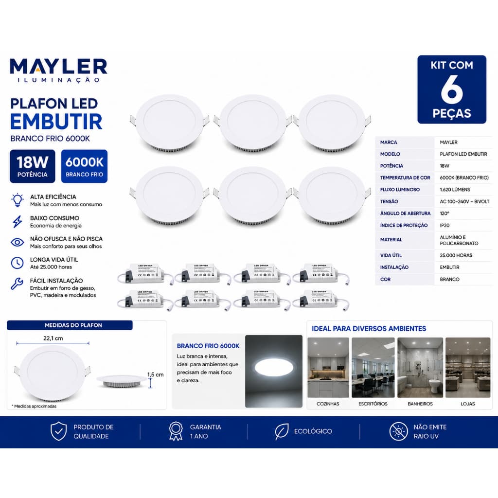 KIT 6 PLAFON LED BRANCO DE EMBUTIR BRANCO FRIO MAYLER 18W BIVOLT