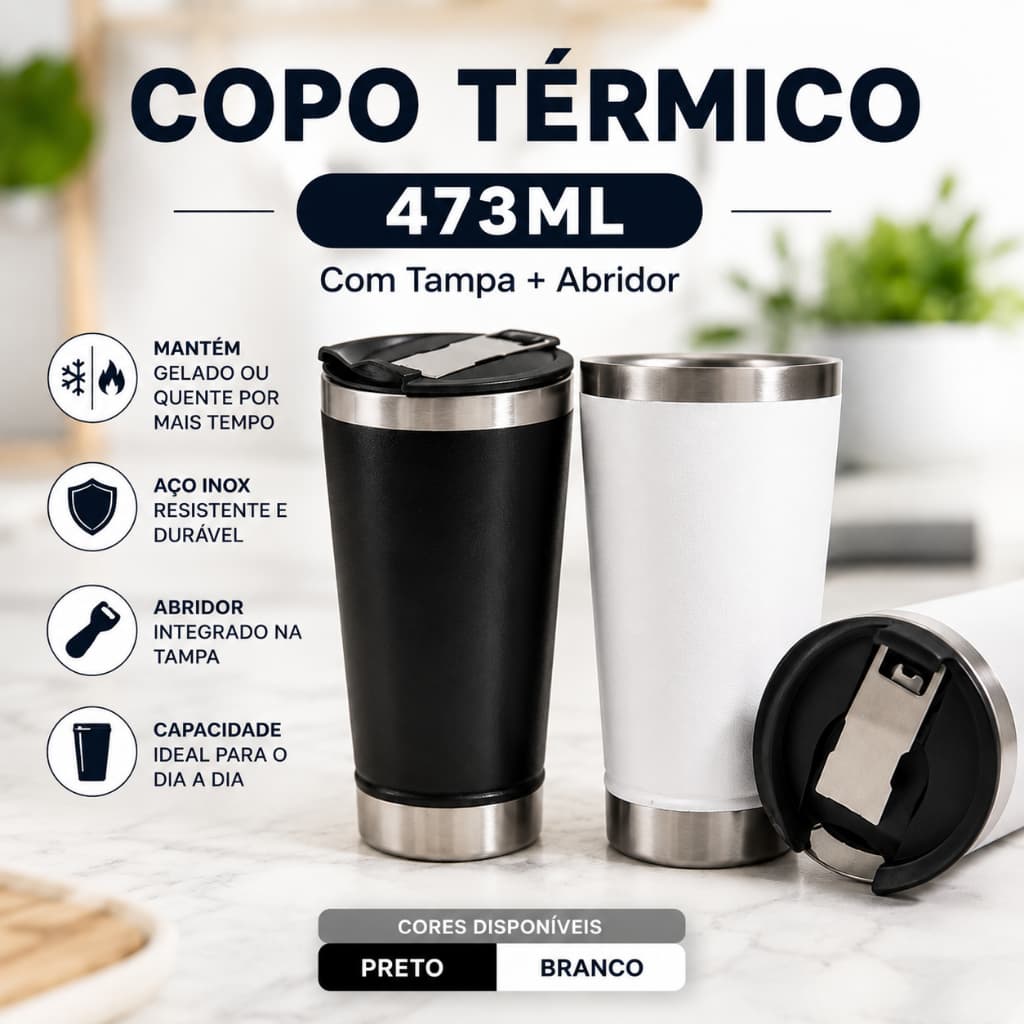 Copo Térmico 473ml Inox com Tampa Abridor Branco e Preto Parede Dupla a Vácuo Mantém Gelado e Quente