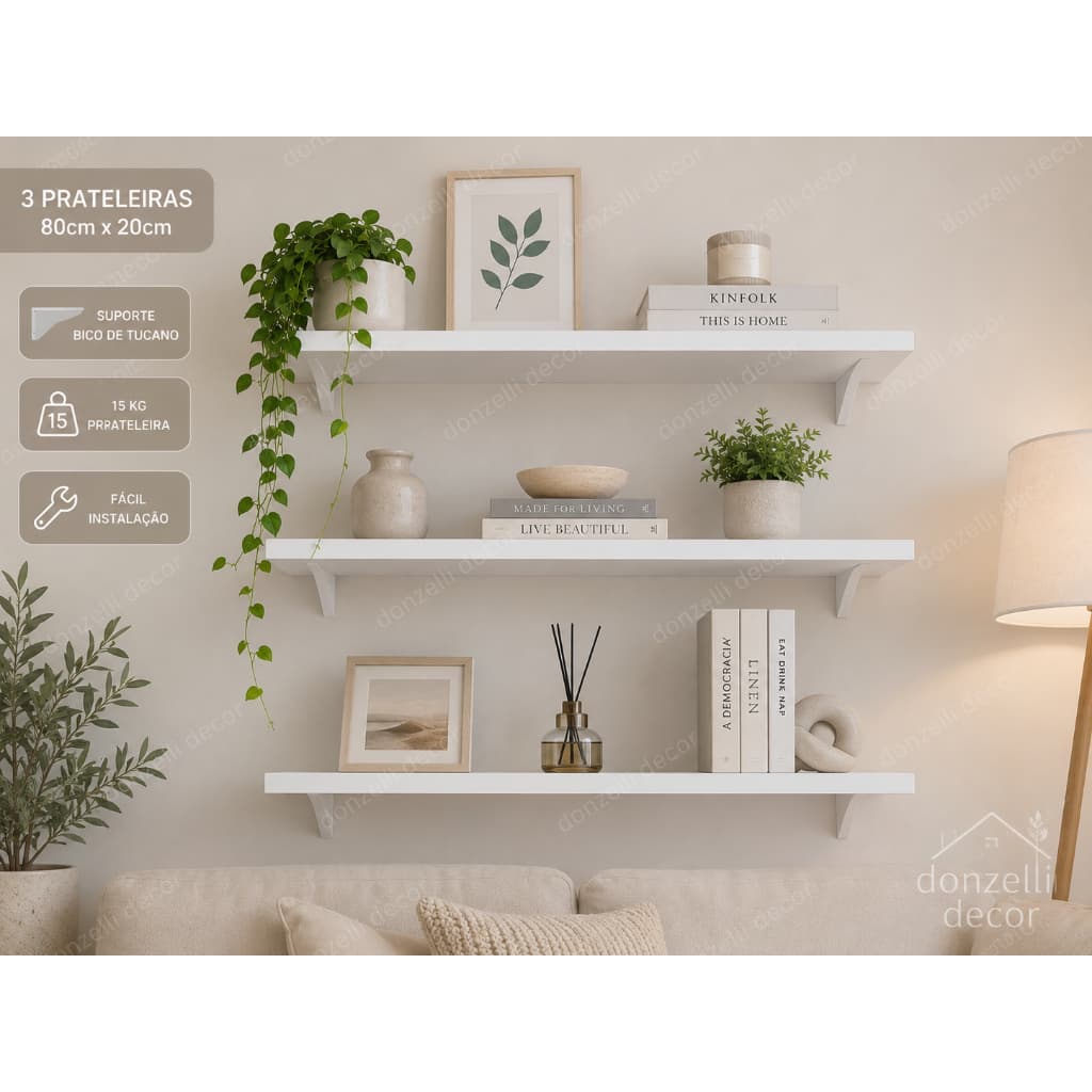 Kit 3 Prateleiras Mdf branco 80 X 20 cm  Com Suporte Bico  Tucano