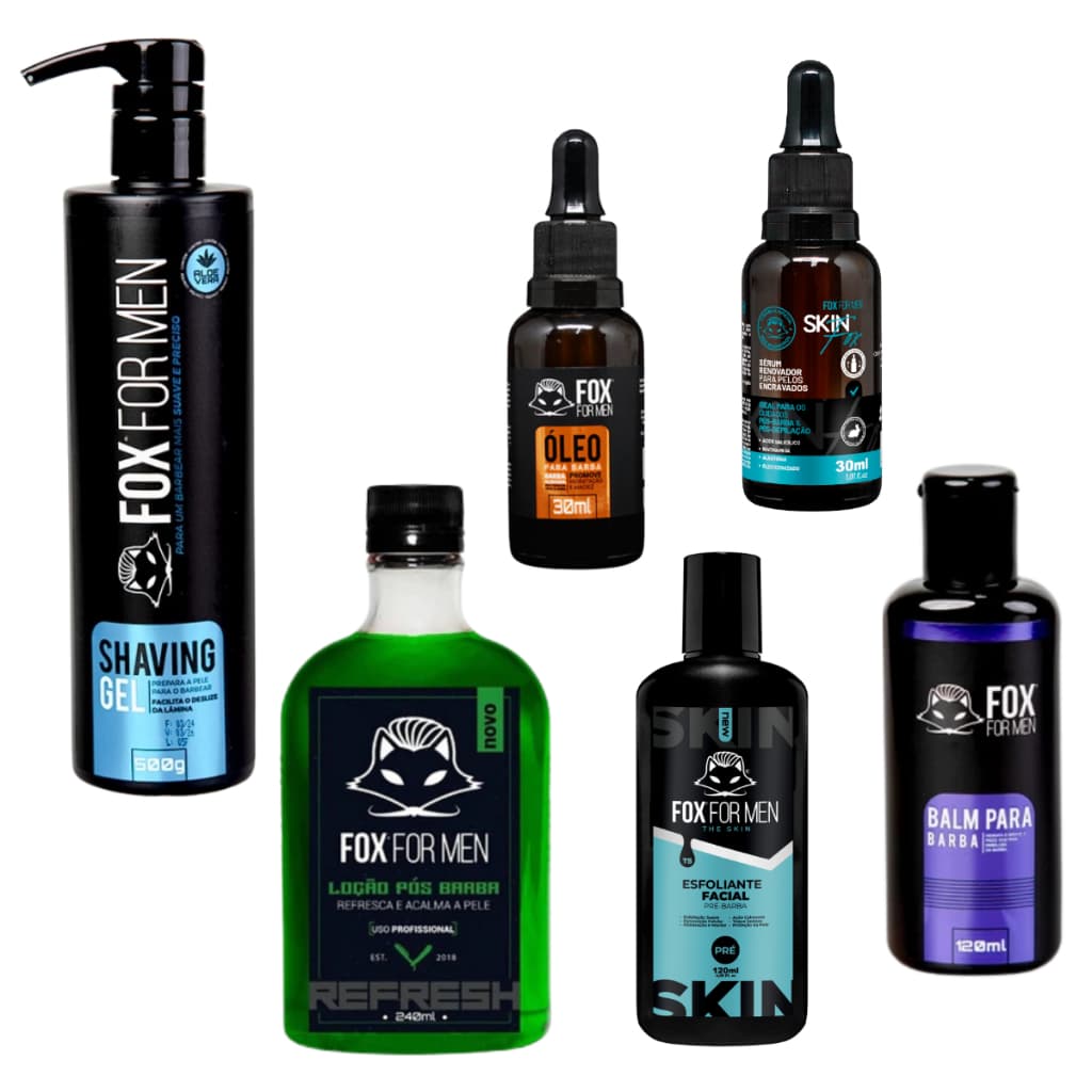 KIT BARBEIRO PROFISSIONAL FOX FOR MEN – BARBA, PÓS-BARBA E SKINCARE MASCULINO COMPLETO