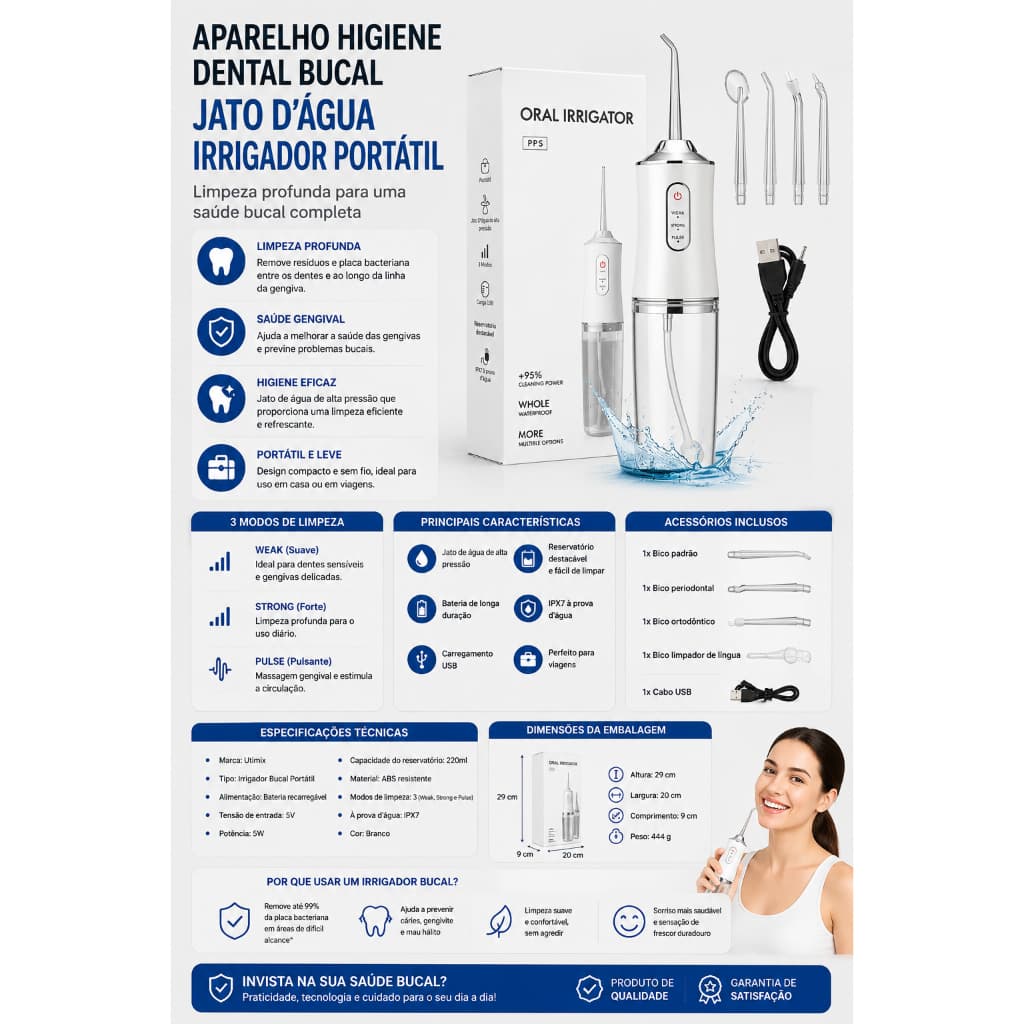 Irrigador Bucal Profissional Portátil Recarregável Para Limpeza Bucal Irrigador Dental