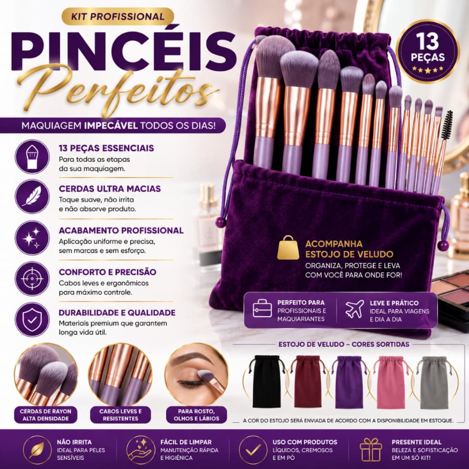 Kit Pincéis Maquiagem Profissional 13 Peças Cerdas Sintéticas Macias Estojo Veludo Sortido Prem