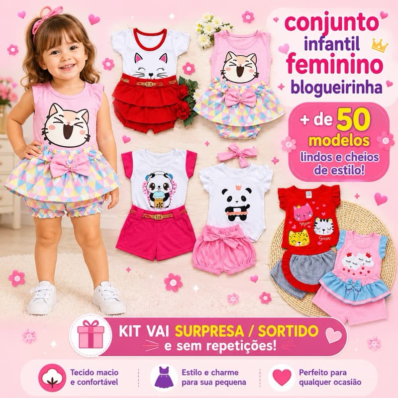kit 6 peças de roupa infantil feminina blogueirinha 0 a 4 anos - Kit com 3 conjunto menina sortidos