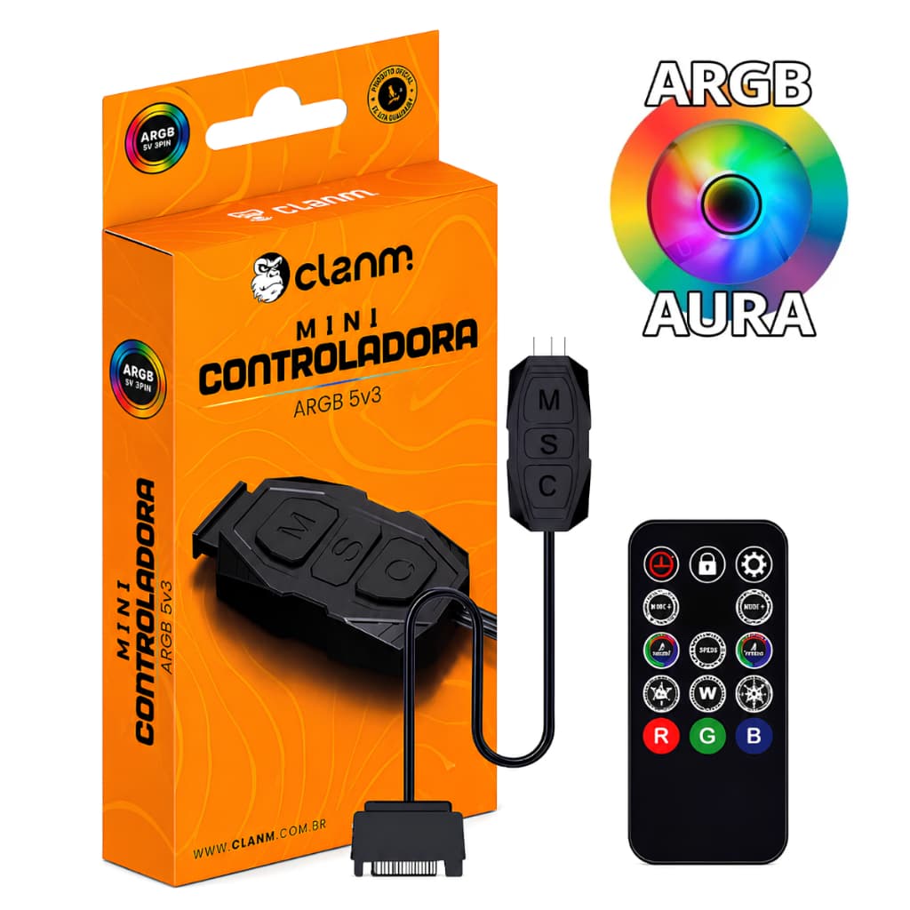 Controladora Gamer Para Cooler ARGB 5V AURA 3 Pinos Com Controle Remoto