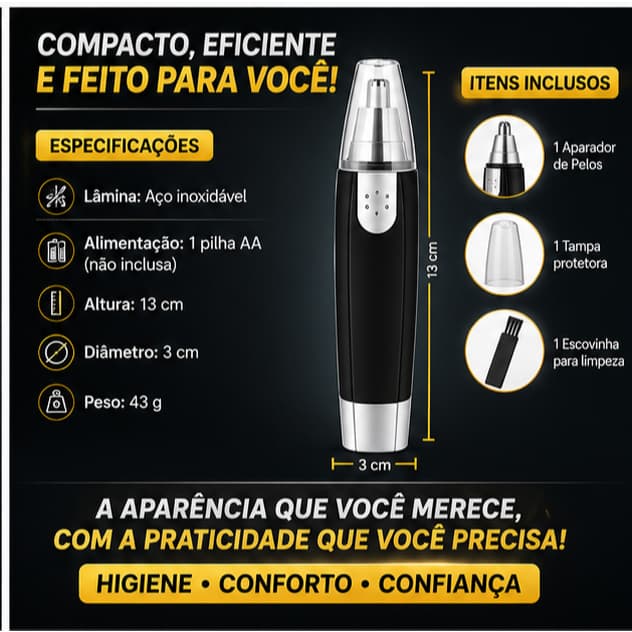 Aparador de Pelos Nariz Ouvido Orelha e Sobrancelha Elétrico Aço Inox Portátil Multifuncional