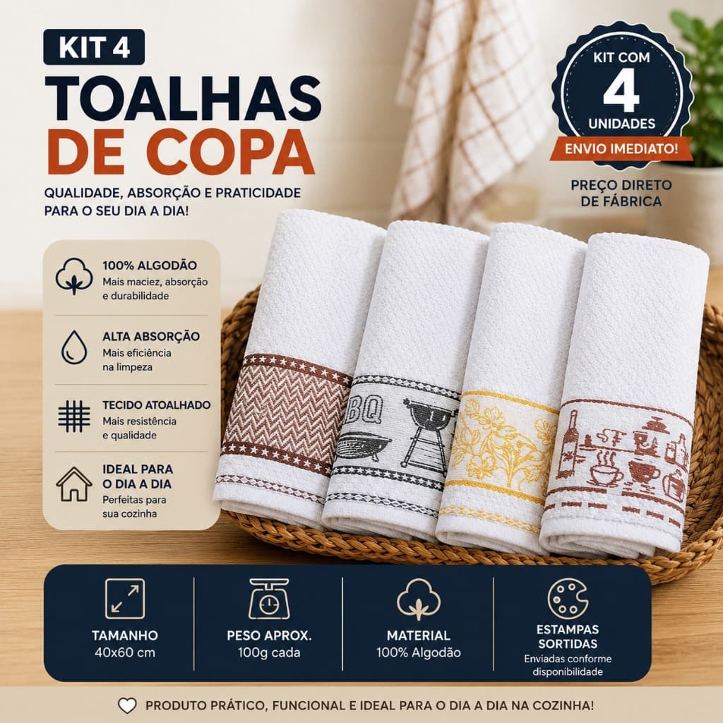 Kit 4 Panos De Prato Atoalhado Algodão Panos de Copa Gourmet