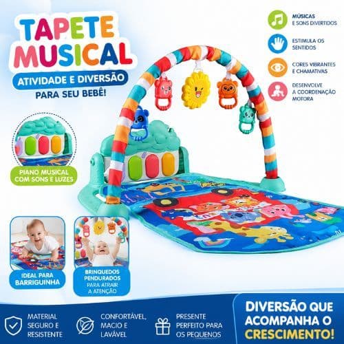 Tapete de Atividades Educativo para Bebês com Piano Musical e Brinquedos Suspensos