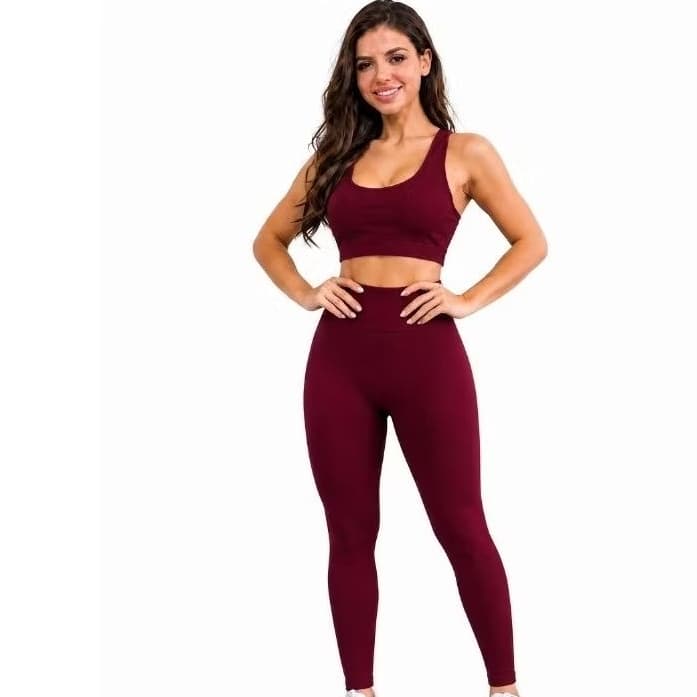 Conjunto Fitness Feminino Calça Canelada Sem Costura Cintura Alta Top Nadador Bojo Removível  Academia Não Transparente